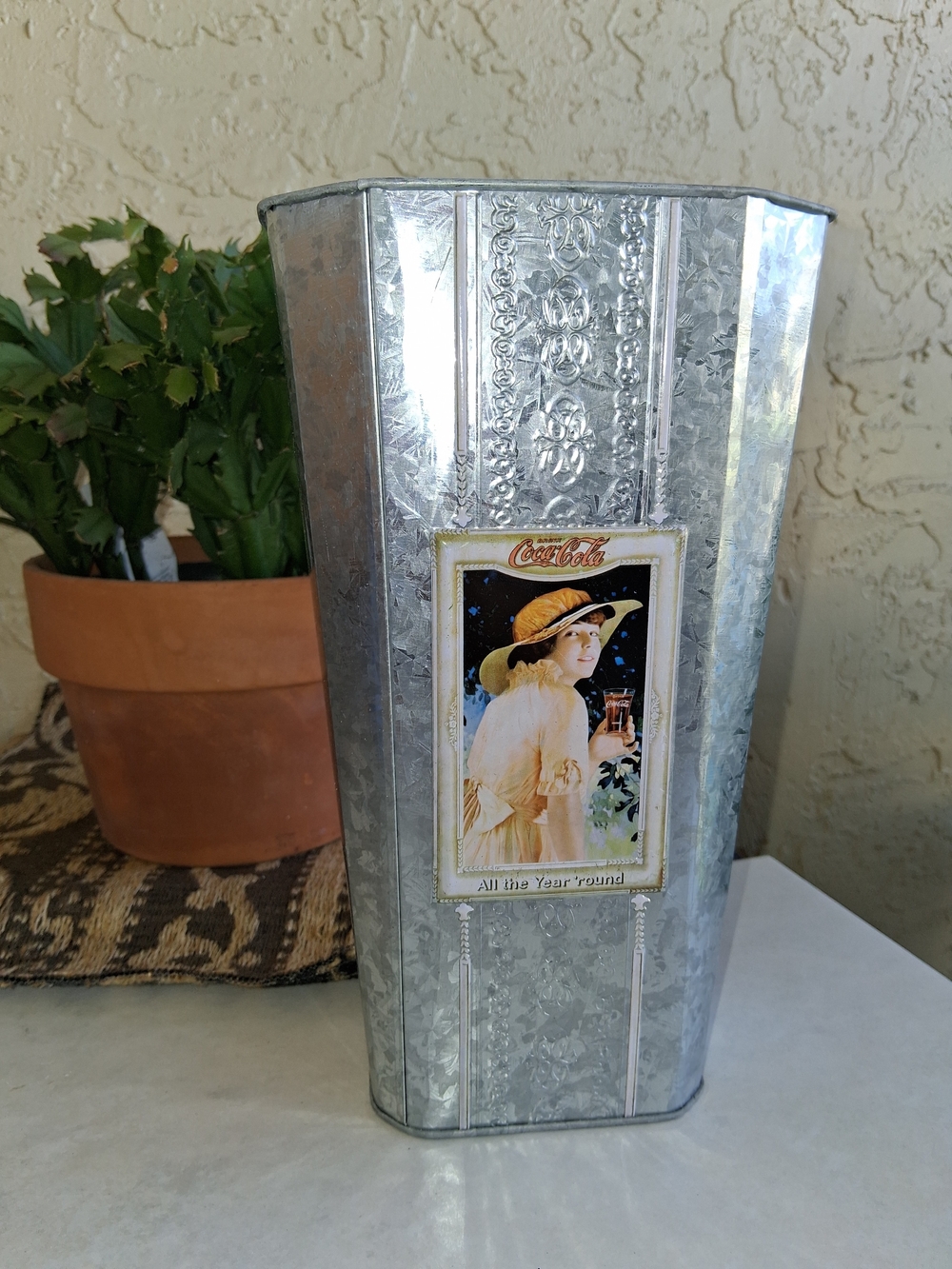 Coca Cola Silver Galvanized Decorative Tin Bin with Vintage Lady Label